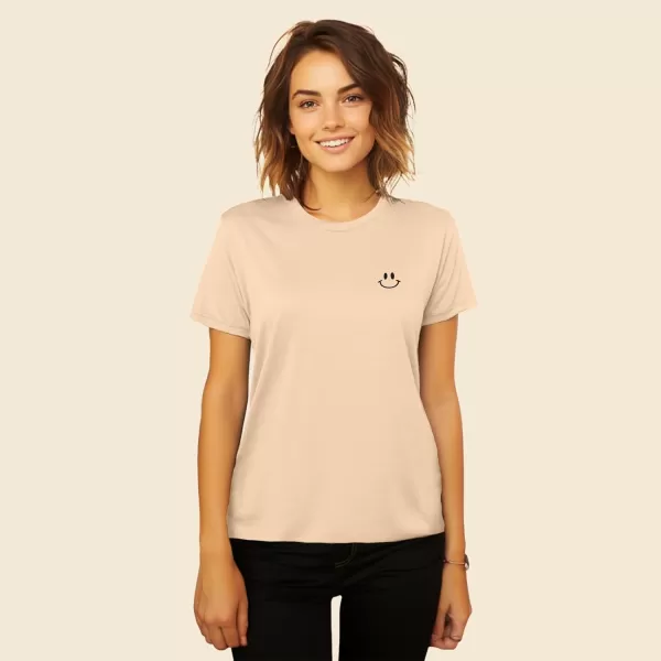 DALIX Smile Face Embroidered Soft Cotton Short Sleeve T Shirt Womens