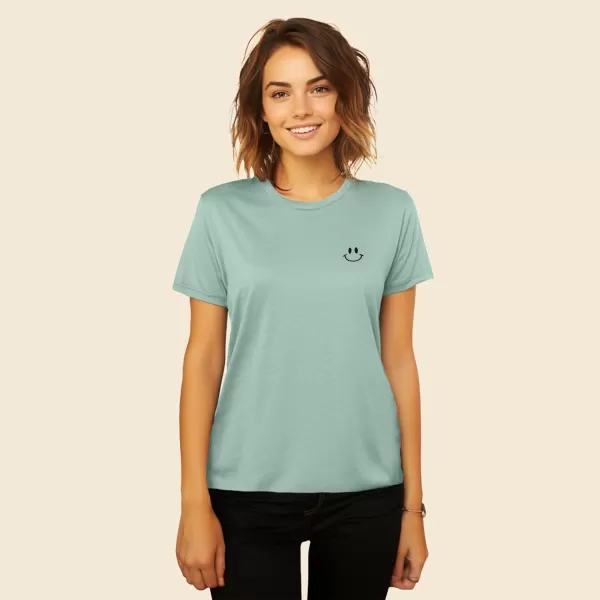 DALIX Smile Face Embroidered Soft Cotton Short Sleeve T Shirt Womens