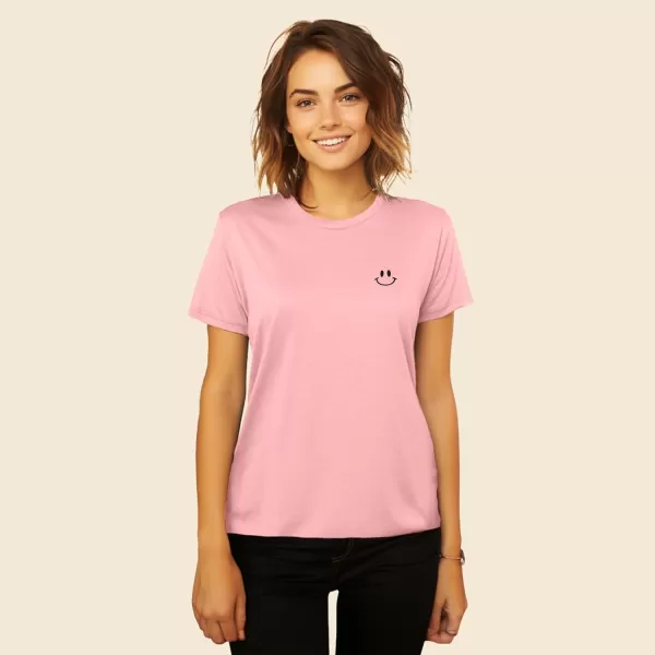 DALIX Smile Face Embroidered Soft Cotton Short Sleeve T Shirt Womens