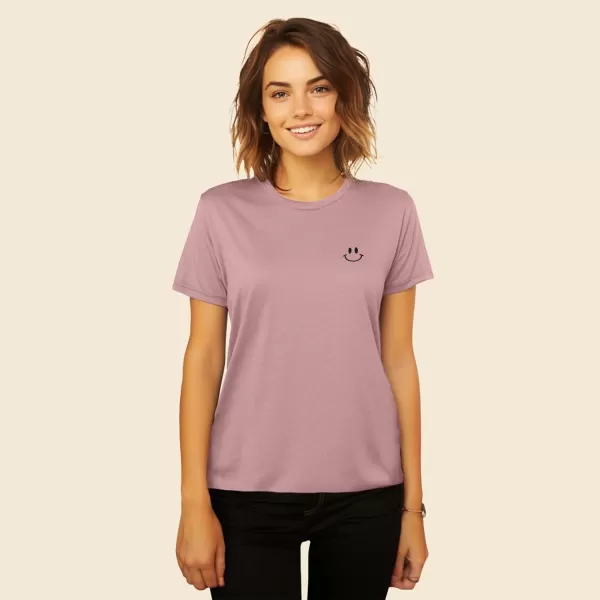 DALIX Smile Face Embroidered Soft Cotton Short Sleeve T Shirt Womens