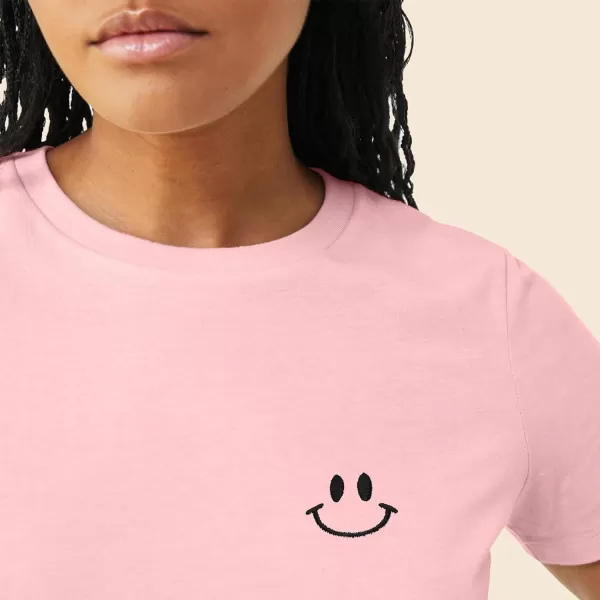 DALIX Smile Face Embroidered Soft Cotton Short Sleeve T Shirt Womens
