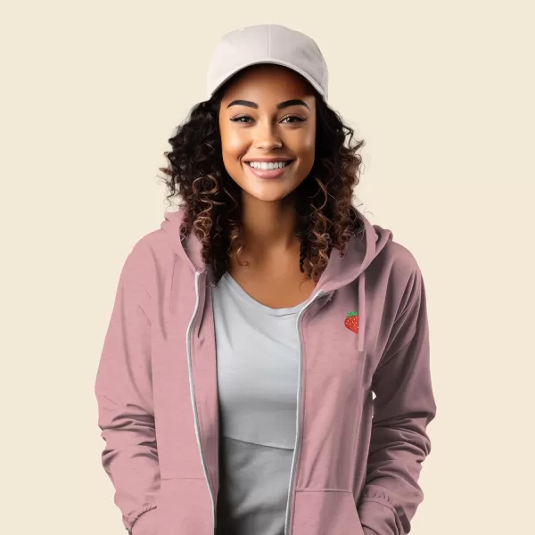 DALIX Strawberry Embroidered Fleece Zip Washed Hoodie Cold Fall Winter Women