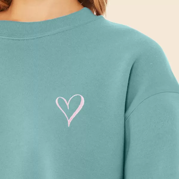 DALIX Heart Embroidered Fleece Relaxed Boxy Fit Long Sleeve Crewneck Sweatshirt Womens