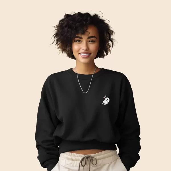 DALIX Heartly Ghost Embroidered Fleece Relaxed Boxy Fit Long Sleeve Crewneck Sweatshirt Womens