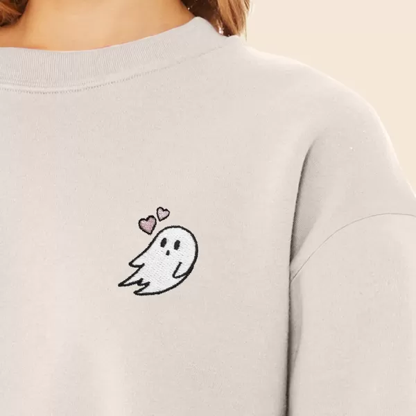 DALIX Heartly Ghost Embroidered Fleece Relaxed Boxy Fit Long Sleeve Crewneck Sweatshirt Womens