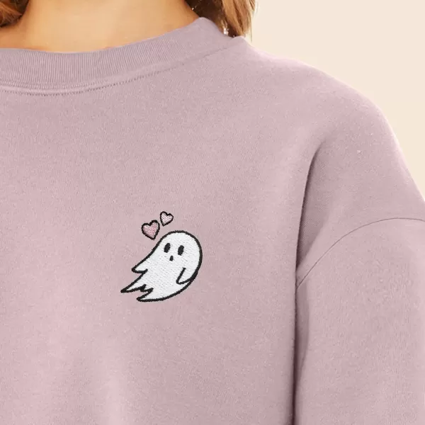 DALIX Heartly Ghost Embroidered Fleece Relaxed Boxy Fit Long Sleeve Crewneck Sweatshirt Womens