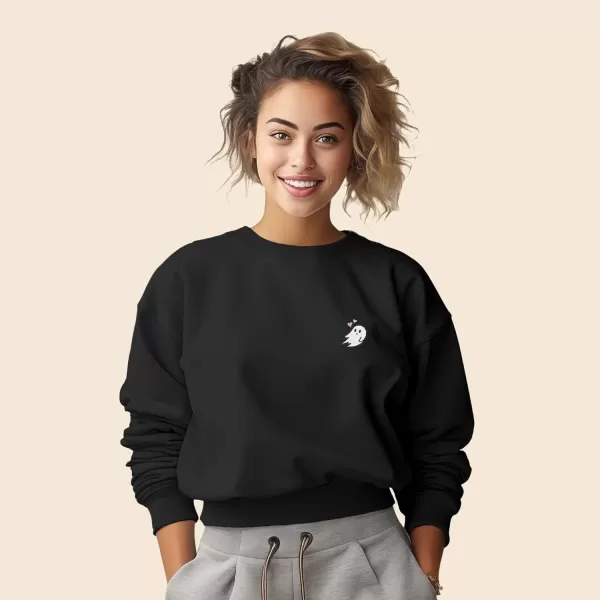 DALIX Heartly Ghost Embroidered Fleece Relaxed Boxy Fit Long Sleeve Crewneck Sweatshirt Womens