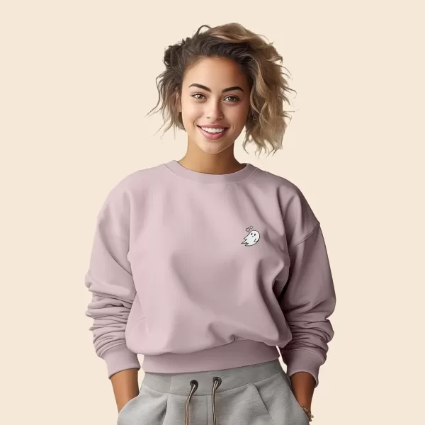 DALIX Heartly Ghost Embroidered Fleece Relaxed Boxy Fit Long Sleeve Crewneck Sweatshirt Womens