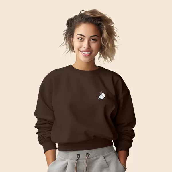 DALIX Heartly Ghost Embroidered Fleece Relaxed Boxy Fit Long Sleeve Crewneck Sweatshirt Womens