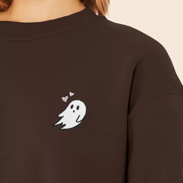 DALIX Heartly Ghost Embroidered Fleece Relaxed Boxy Fit Long Sleeve Crewneck Sweatshirt Womens