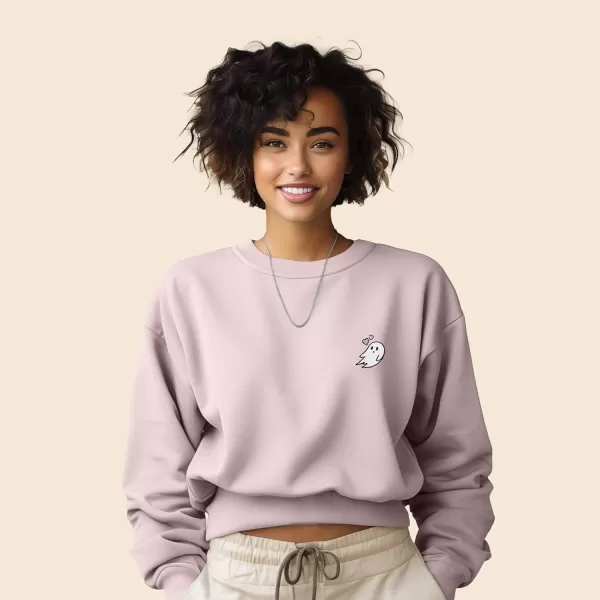 DALIX Heartly Ghost Embroidered Fleece Relaxed Boxy Fit Long Sleeve Crewneck Sweatshirt Womens