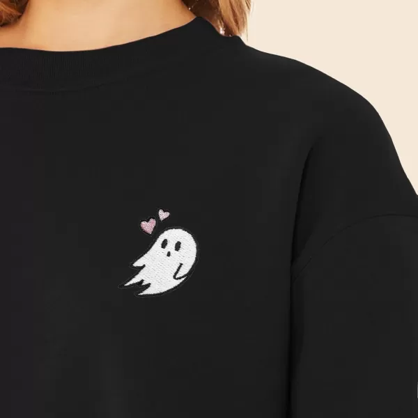 DALIX Heartly Ghost Embroidered Fleece Relaxed Boxy Fit Long Sleeve Crewneck Sweatshirt Womens