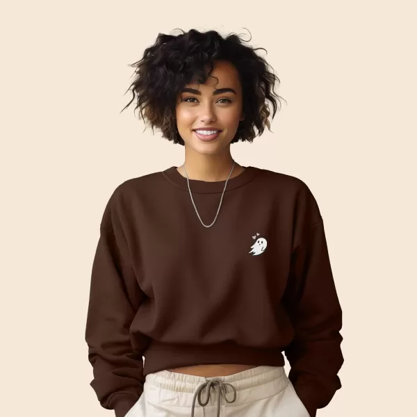 DALIX Heartly Ghost Embroidered Fleece Relaxed Boxy Fit Long Sleeve Crewneck Sweatshirt Womens
