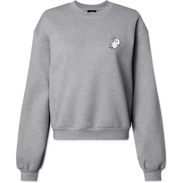 DALIX Heartly Ghost Embroidered Fleece Relaxed Boxy Fit Long Sleeve Crewneck Sweatshirt Womens