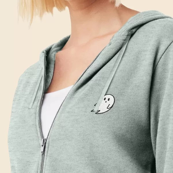 DALIX Ghost Embroidered Fleece Zip Washed Hoodie Cold Fall Winter Women