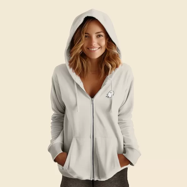 DALIX Ghost Embroidered Fleece Zip Washed Hoodie Cold Fall Winter Women
