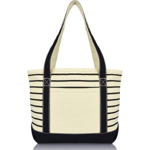 imageDALIX Small Stripe Tote Deluxe Shoulder Bag Cotton Canvas in Navy BlueBlack