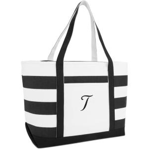 imageDALIX Striped Beach Bag Tote Bags Canvas Personalized Black Ballent Letter A  ZT