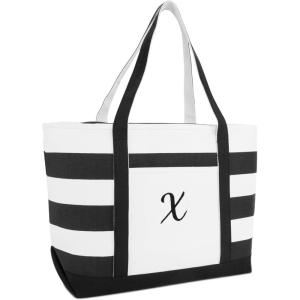 imageDALIX Striped Beach Bag Tote Bags Canvas Personalized Black Ballent Letter A  ZX