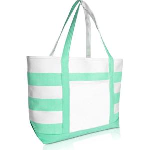 imageDALIX Striped Boat Bag Premium Cotton Canvas Tote in BlackMint Green