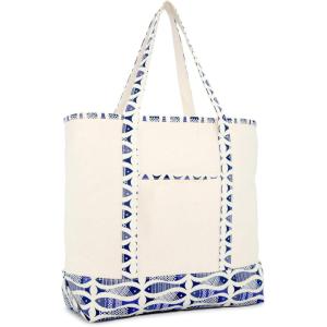 imageDALIX 22quot Shopping Tote Bag Heavy Cotton Canvas Zippered Navy Blue AnchorBlue Antique Fish