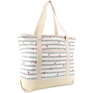 imageDALIX 22quot Shopping Tote Bag Heavy Cotton Canvas Zippered Navy Blue AnchorGray Flamingo