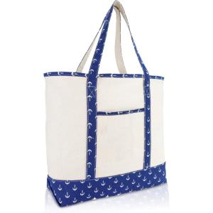 imageDALIX 22quot Shopping Tote Bag Heavy Cotton Canvas Zippered Navy Blue AnchorNavy Blue Anchor