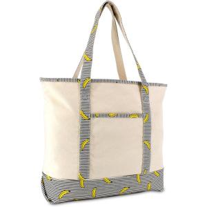 imageDALIX 22quot Shopping Tote Bag Heavy Cotton Canvas Zippered Navy Blue AnchorStriped Banana