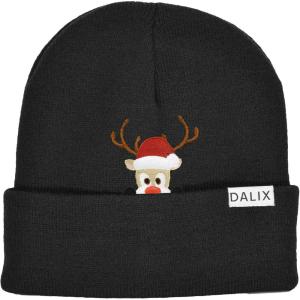 imageDALIX Christmas Peeping Rudolph Beanie Warm Winter Cap Embroidered HatBlack