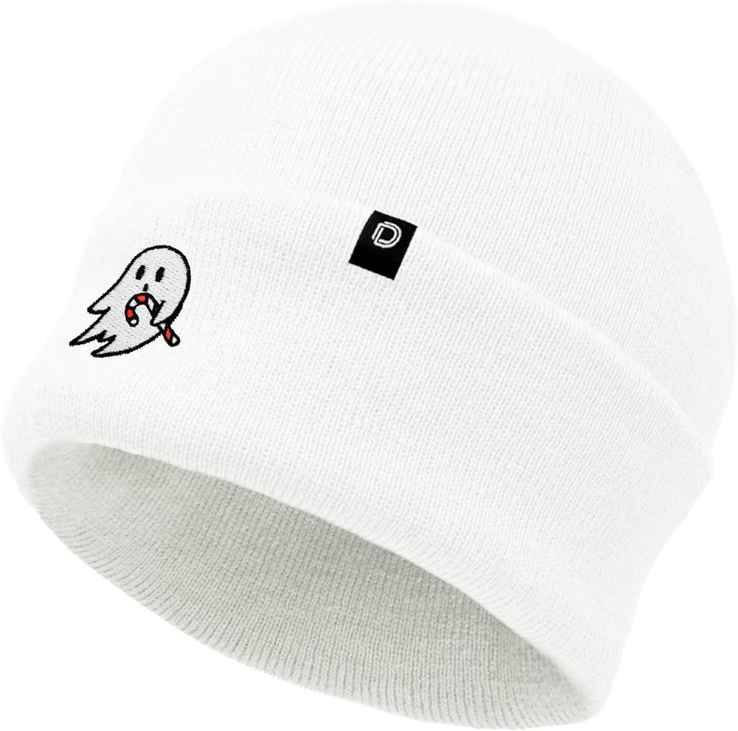 imageDALIX Embroidered Candy Cane Ghost Christmas BeanieWhite