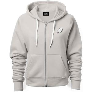 imageDALIX Ghost Embroidered Hoodie Fleece Sweatshirt Zip Front MensSilver