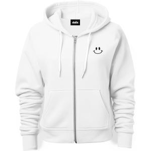imageDALIX Smile Face Embroidered Zip Hoodie Fleece Long Sleeve Pocket Warm Soft MensWhite