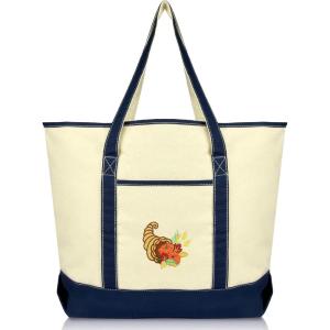 imageAutumn Cornucopia Womens Embroidered Tote Bag Natural CanvasNavy Blue