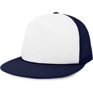 imageDALIX Flat Billed Trucker Hat Mesh Back S M L Adjustable Cap Solid Two Toned SnapbackNavywhite