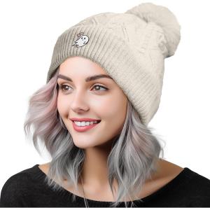 imageDALIX Heartly Ghost Cable Knit Pom Beanie Soft Stretch Skully Warm Fuzzy Faux Sherpa Winter Ski BeanieCream White