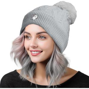 imageDALIX Heartly Ghost Cable Knit Pom Beanie Soft Stretch Skully Warm Fuzzy Faux Sherpa Winter Ski BeanieGray