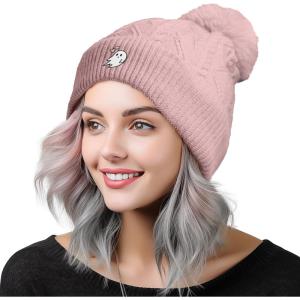 imageDALIX Heartly Ghost Cable Knit Pom Beanie Soft Stretch Skully Warm Fuzzy Faux Sherpa Winter Ski BeanieMauve