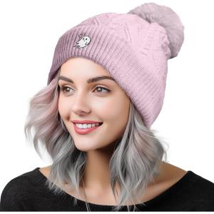 imageDALIX Heartly Ghost Cable Knit Pom Beanie Soft Stretch Skully Warm Fuzzy Faux Sherpa Winter Ski BeanieOrchid