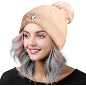 imageDALIX Heartly Ghost Cable Knit Pom Beanie Soft Stretch Skully Warm Fuzzy Faux Sherpa Winter Ski BeaniePeach