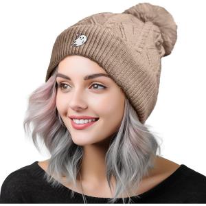 imageDALIX Heartly Ghost Cable Knit Pom Beanie Soft Stretch Skully Warm Fuzzy Faux Sherpa Winter Ski BeanieTan