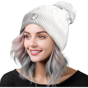 imageDALIX Heartly Ghost Cable Knit Pom Beanie Soft Stretch Skully Warm Fuzzy Faux Sherpa Winter Ski BeanieWhite