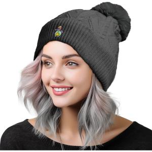 imageDALIX Sorcerer Frog Cable Knit Pom Beanie Soft Stretch Skully Warm Fuzzy Faux Sherpa Winter Ski BeanieCharcoal Gray