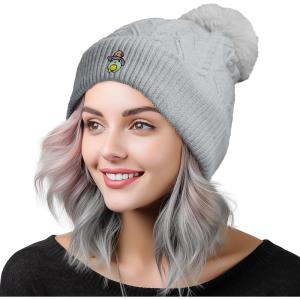 imageDALIX Sorcerer Frog Cable Knit Pom Beanie Soft Stretch Skully Warm Fuzzy Faux Sherpa Winter Ski BeanieGray