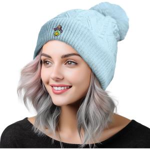 imageDALIX Sorcerer Frog Cable Knit Pom Beanie Soft Stretch Skully Warm Fuzzy Faux Sherpa Winter Ski BeanieLight Blue