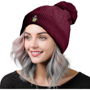imageDALIX Sorcerer Frog Cable Knit Pom Beanie Soft Stretch Skully Warm Fuzzy Faux Sherpa Winter Ski BeanieMaroon