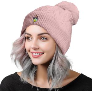 imageDALIX Sorcerer Frog Cable Knit Pom Beanie Soft Stretch Skully Warm Fuzzy Faux Sherpa Winter Ski BeanieMauve