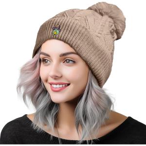 imageDALIX Sorcerer Frog Cable Knit Pom Beanie Soft Stretch Skully Warm Fuzzy Faux Sherpa Winter Ski BeanieTan