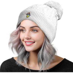 imageDALIX Sorcerer Frog Cable Knit Pom Beanie Soft Stretch Skully Warm Fuzzy Faux Sherpa Winter Ski BeanieWhite