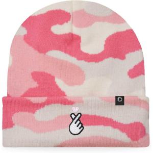 imageDALIX K Pop Heart Embroidered Beanie Snap Cute Warm Winter Knit Hat for WomenPink Camo