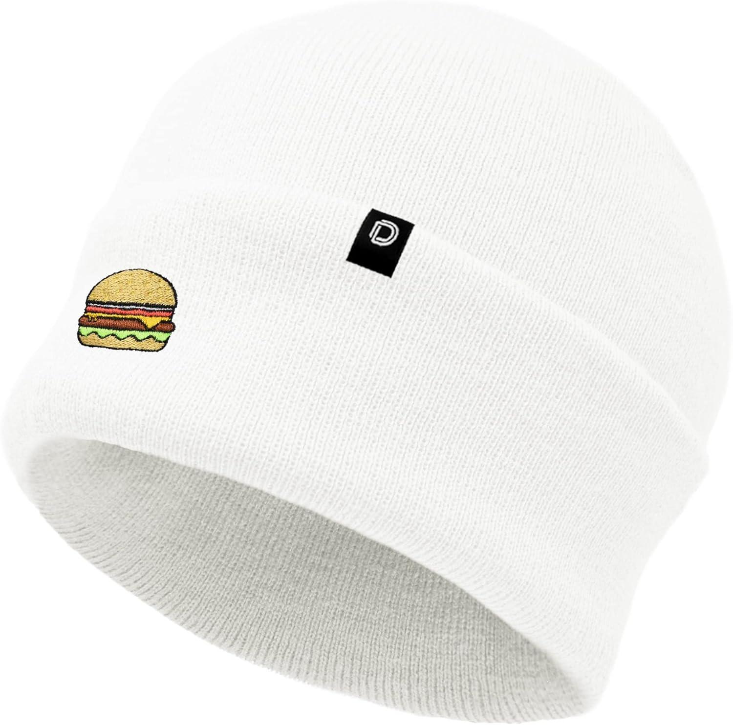 imageDALIX Embroidered Cheeseburger Beanie Cap Cuffed Knit Hat Men WomenWhite